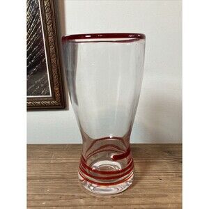 Vintage TGI Fridays Pilsner Hour Glass Red Swirls Beer Cocktail 7” Art Glass